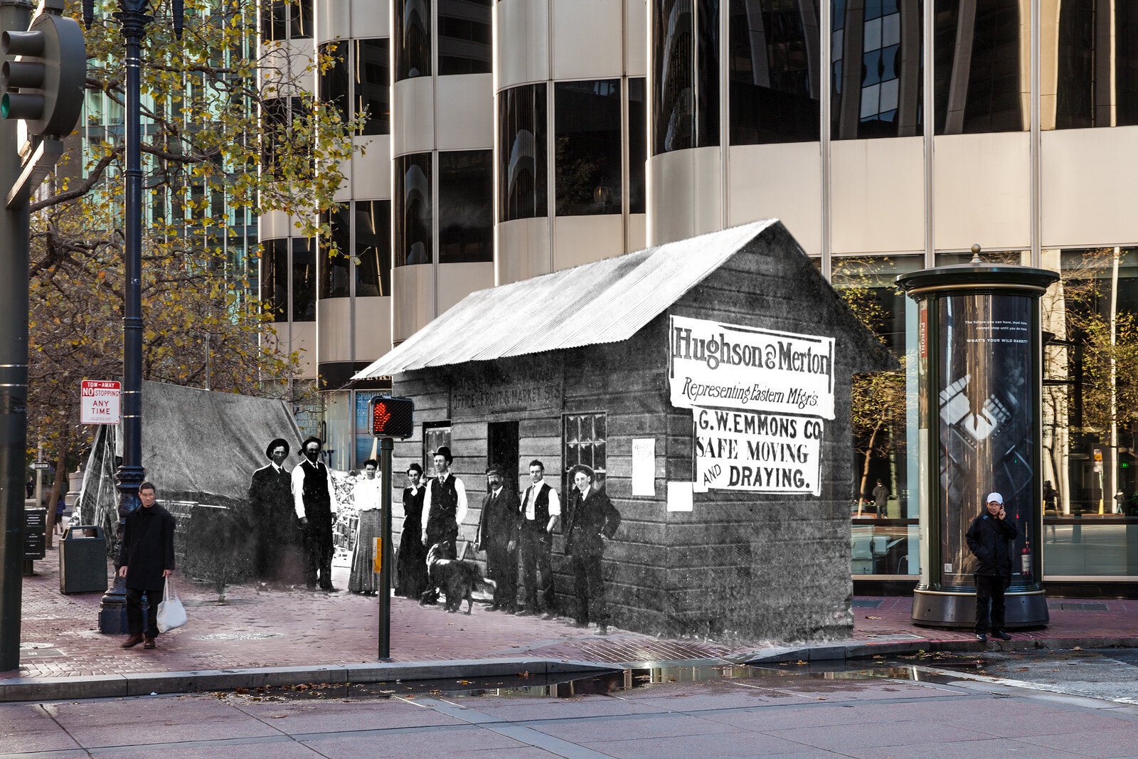 A Hughson & Merton company photograph from 1906, composited onto a modern street