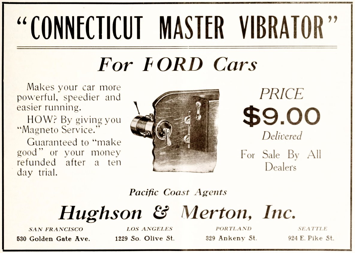 A vintage Hughson & Merton advertisement: the Connecticut Master Vibrator for Ford Cars